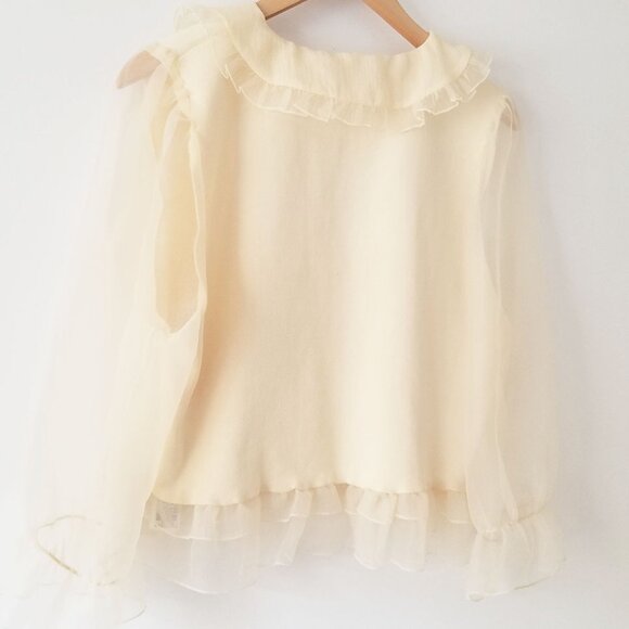 Zara Peterpan Collar Sheer Organza Combination Knit Sweater L Cream Ivory Ruffle - Picture 9 of 16